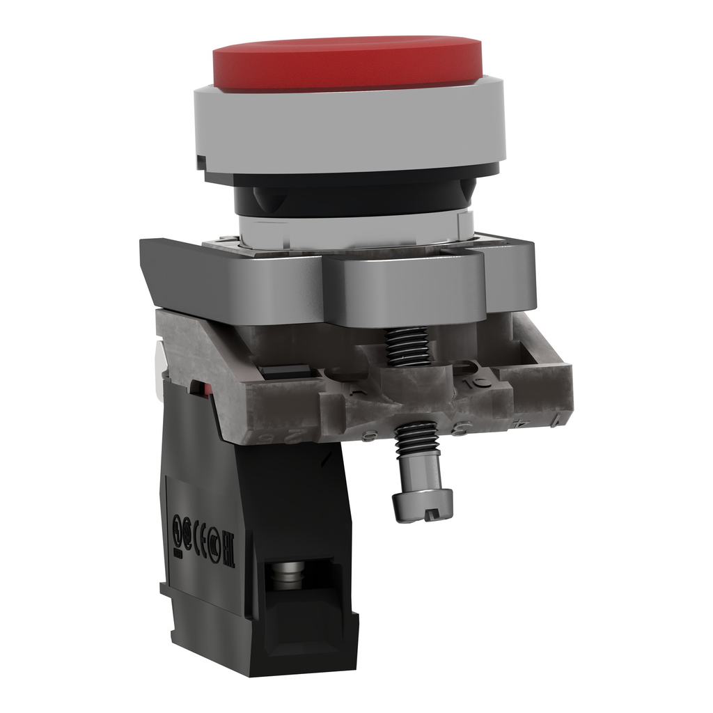 Mayer-DDS-Push button, Harmony XB4, metal, projecting, red, 22mm, spring return, unmarked, 1NC-2