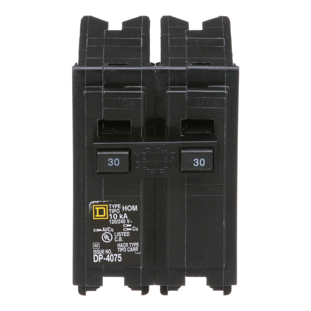 Mayer-DDS-Mini circuit breaker, Homeline, 30A, 2 pole, 120/240VAC, 10kA AIR, standard type, plug in, high amp lug, UL-2