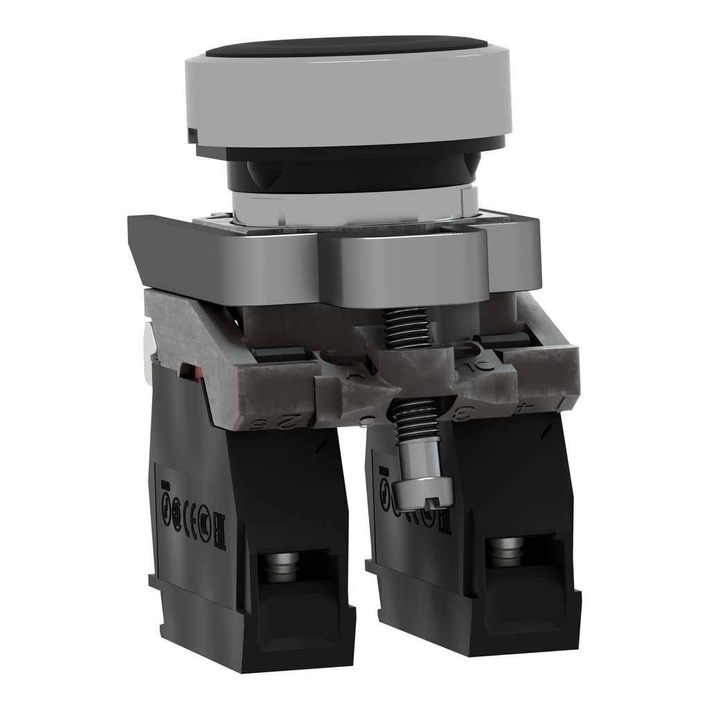 Mayer-DDS-Push button, metal, Harmony XB4, flush, black, 22mm, spring return, unmarked, 1NO+1NC-2