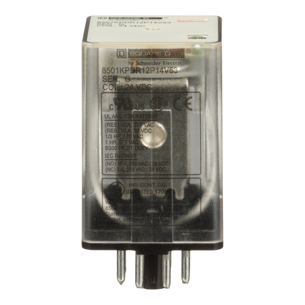 Mayer-DDS-Relay, Harmony 8501K, DPDT, 8 pins, LED, coil, 24V DC, 10A resistive at 120V AC, 1 HP at 277V AC, 2NO + 2NC-2