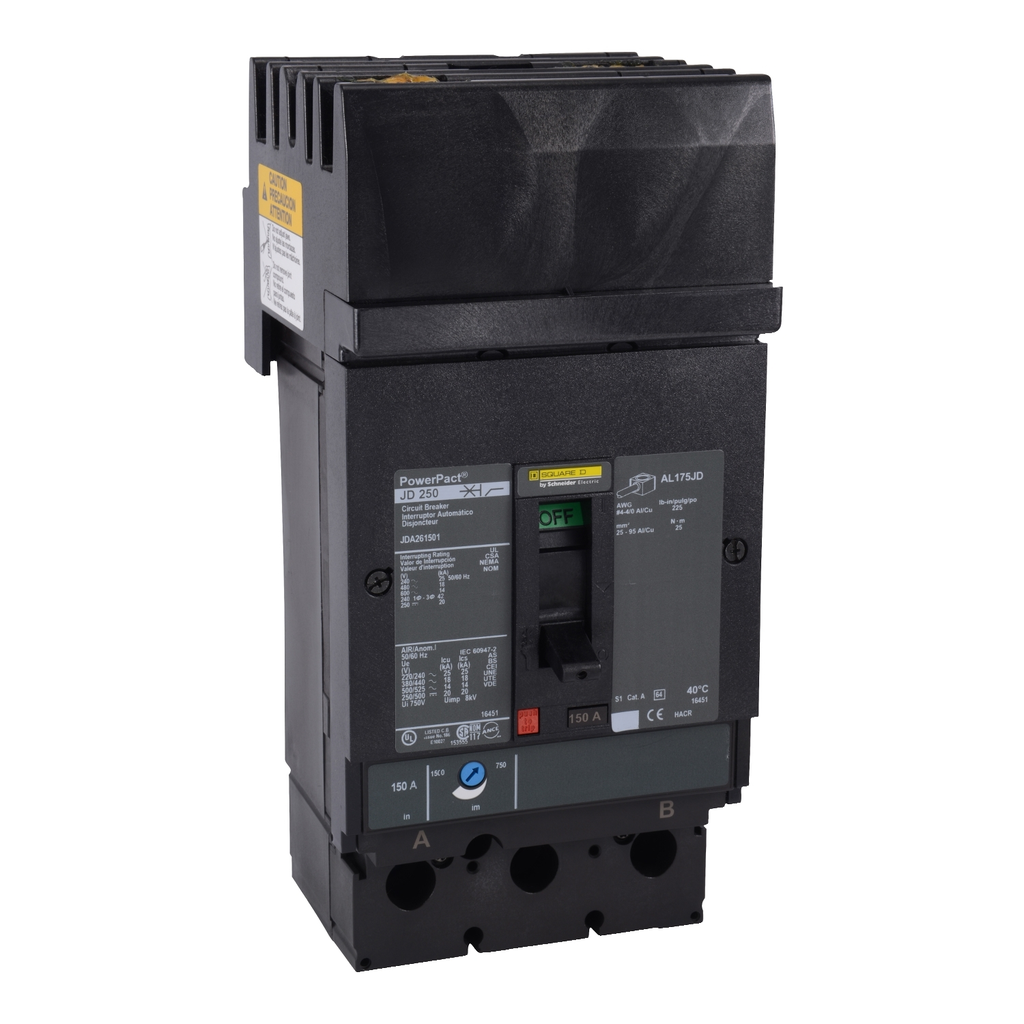 Mayer-DDS-Circuit breaker, PowerPacT J, 225A, 2 pole, 600VAC, 14kA, I-Line, thermal magnetic, 80%, BC-1
