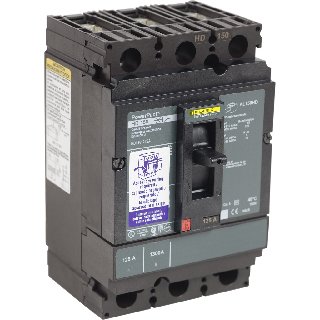 Mayer-DDS-Circuit breaker, PowerPacT H, 125A, 3 pole, 600VAC, 14kA, lugs, thermal magnetic, 80%, shunt-2