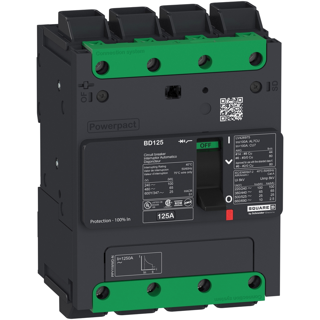 Mayer-DDS-Circuit breaker, PowerPacT B, 100A, 4 pole, 600Y/347VAC, 14kA, lugs, thermal magnetic, 80%-2