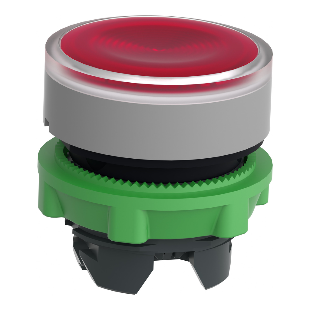 Mayer-DDS-Head for illuminated push button, Harmony XB5, grey bezel, red flush, 22mm, universal LED, spring return, grooved lens-2