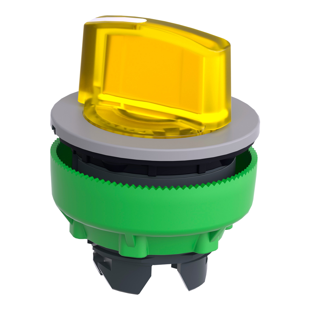 Mayer-DDS-Head for illuminated selector switch, Harmony XB5, grey bezel, yellow handle, flush mounted, 30mm, universal LED, 2 positions-2