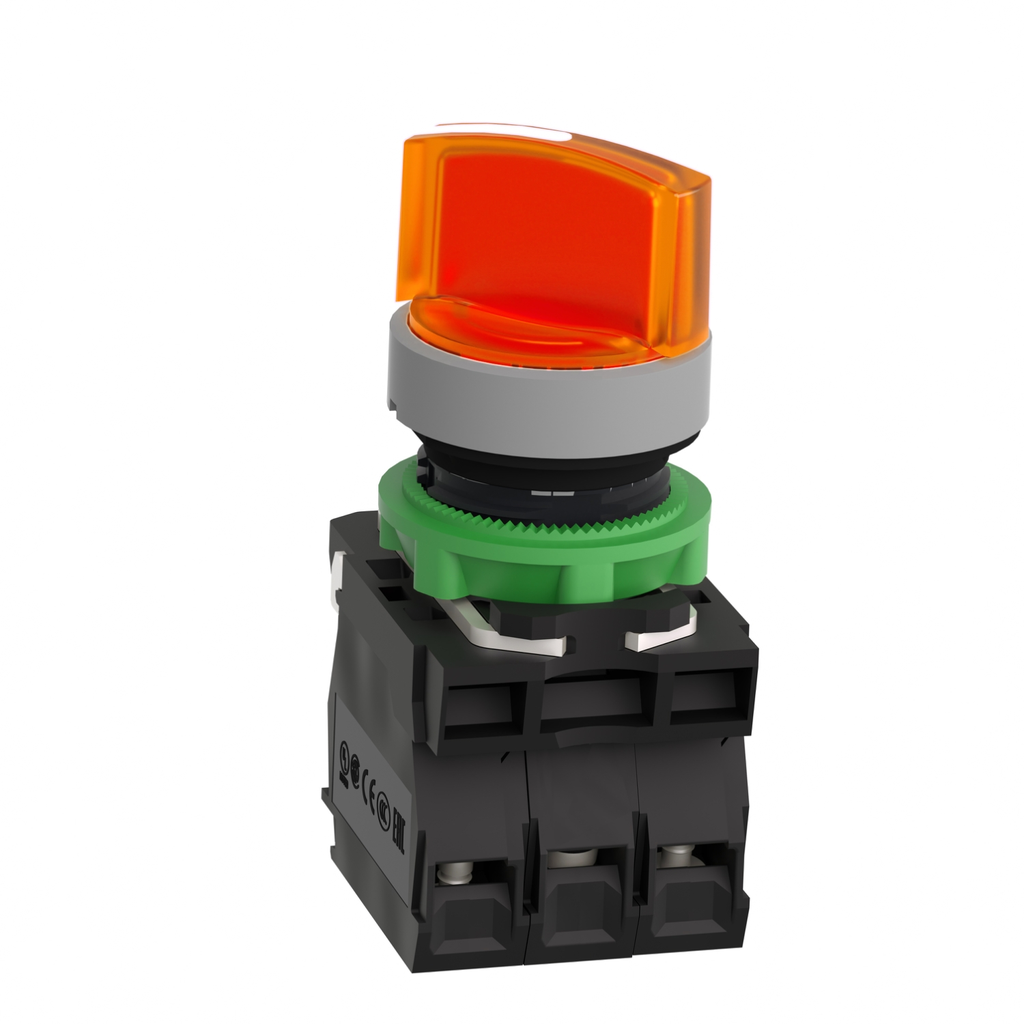 Mayer-DDS-Illuminated selector switch, Harmony XB5, universal LED, grey bezel, orange handle, 22mm, 2 positions, stay put, 1NO + 1NC, 24V AC DC-2