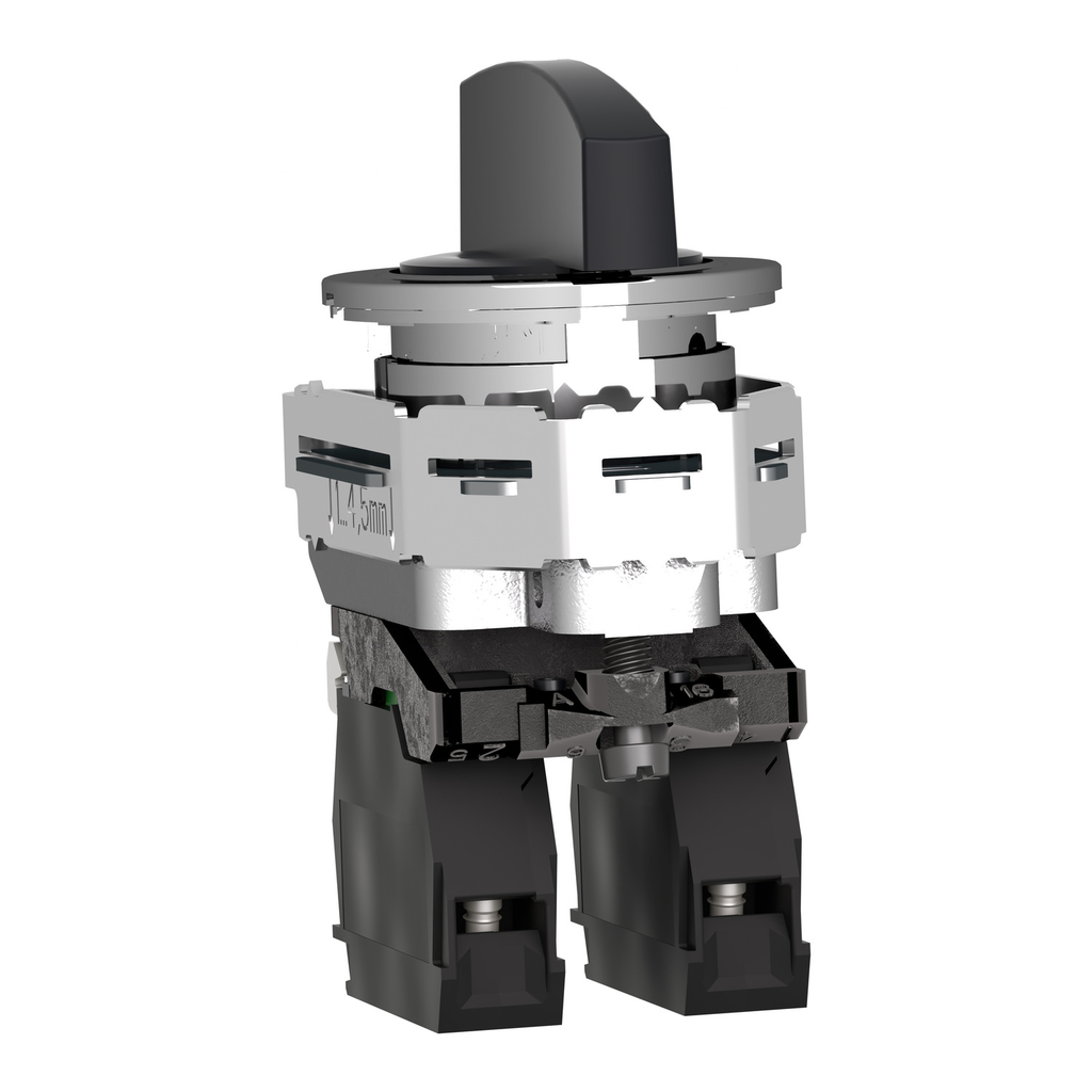 Mayer-DDS-Selector switch flush mounted, Harmony XB4, metal, black, 30mm, long handle, 3 positions, spring return to center, 2NO-2