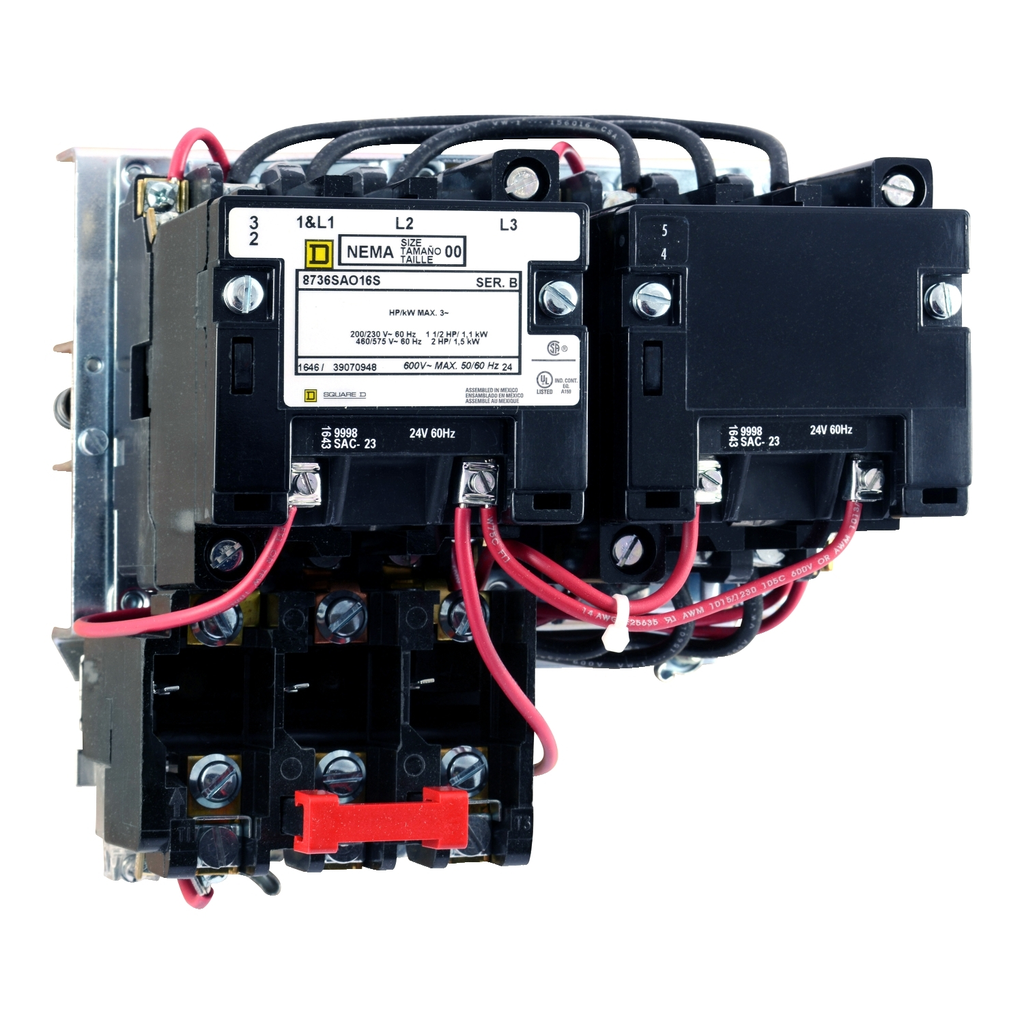Mayer-DDS-NEMA starter, Type S, reversing, horizontal, Size 1, 27A, 10HP at 575VAC, 5kA SSCR, 3 phase, 3 pole, melting alloy overload, 120VAC coil, open [TAA]-2