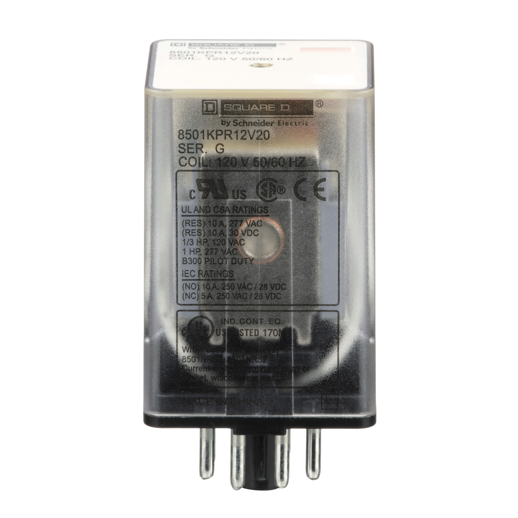 Mayer-DDS-Plug in relay, Type KP, tubular, 1 HP at 277 VAC, 10A resistive at 120 VAC, 8 pin, DPDT, 2 NO, 2 NC, 120 VAC coil-2