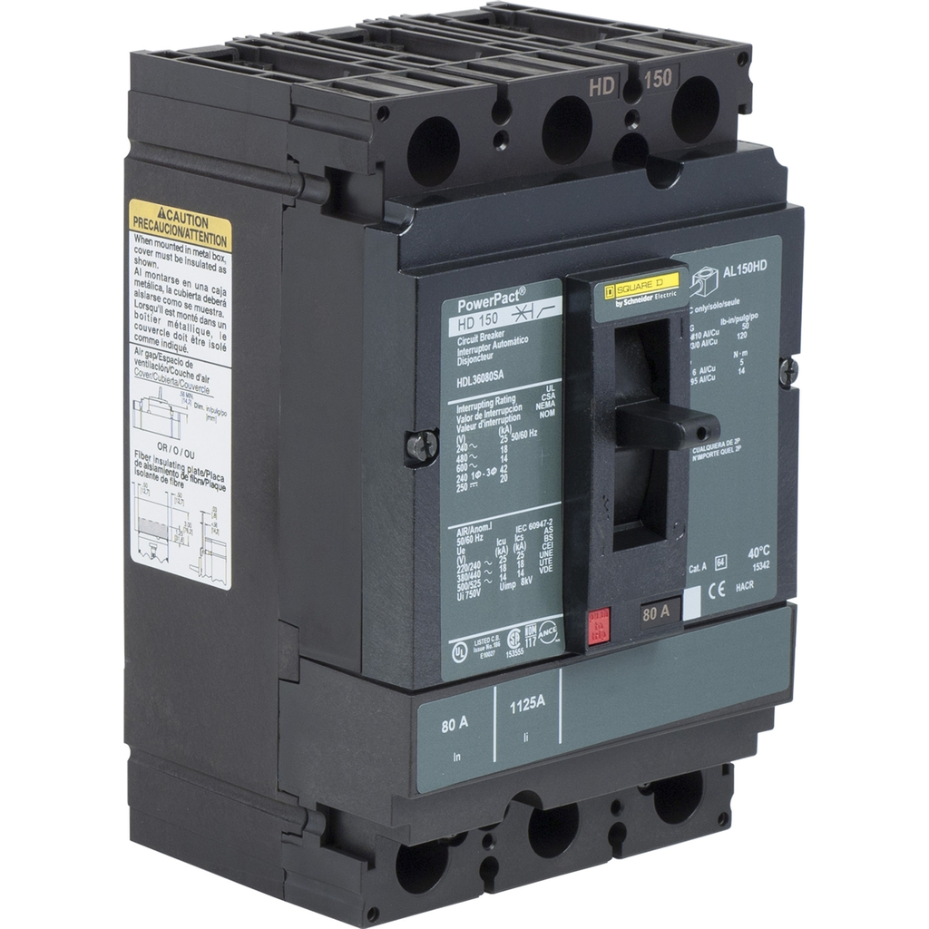 Mayer-DDS-Circuit breaker, PowerPacT H, 100A, 3 pole, 600VAC, 14kA, lugs, thermal magnetic, 80%, aux switch-1