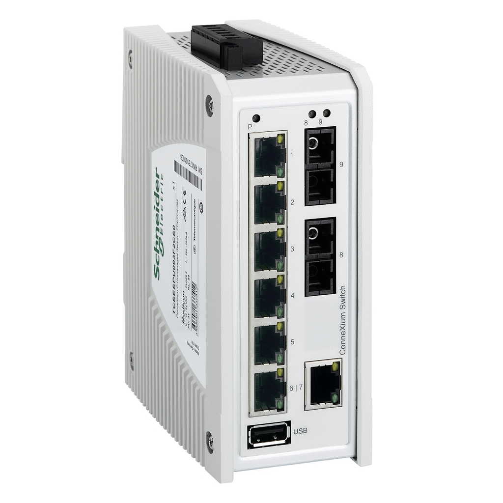 Mayer-DDS-switch, Modicon Networking, premium unmanaged switch, 7 ports for copper, 2 ports for fiber optic single-mode-1