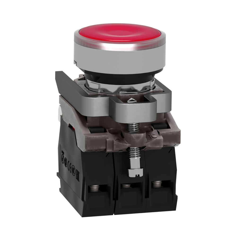 Mayer-DDS-Illuminated push button, Harmony XB4, metal, red flush, 22mm, universal LED, plain lens, 1NO + 1NC, 24V AC DC-2