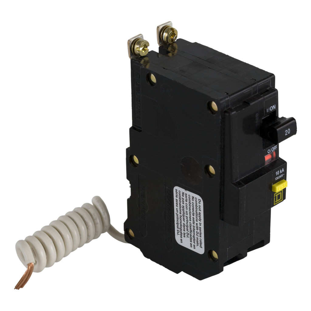 Mayer-DDS-Mini circuit breaker, QO, 20A, 2 pole, 120/240VAC, 10kA, bolt on, 6mA grd fault A, pigtail, fungal treatment [TAA]-1
