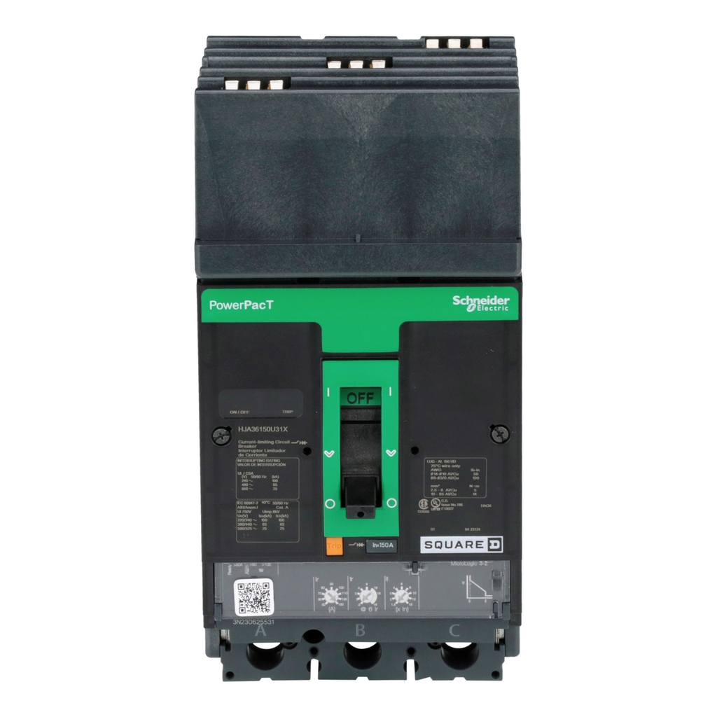 Mayer-DDS-Circuit breaker, PowerPacT H, 150A, 3 pole, 600VAC, 25kA, I-Line, Micrologic 3.2, 80%, ABC-2