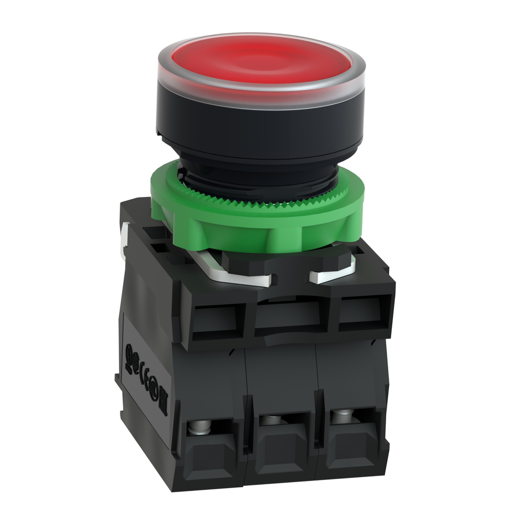 Mayer-DDS-Illuminated push button, Harmony XB5, plastic, flush, red, 22mm, plain lens for BA9s bulb, spring return, lower than 250V, 1NO + 1NC-2