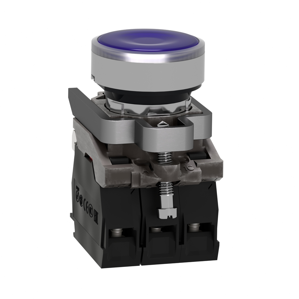 Mayer-DDS-Illuminated push button, Harmony XB4, metal, blue flush, 22mm, universal LED, plain lens, 1NO + 1NC, 110...120V AC-2