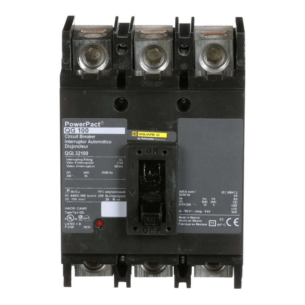 Mayer-DDS-Circuit breaker, PowerPacT Q, 100A, 3 pole, 240VAC, 65kA, lugs, thermal magnetic, 80%-2