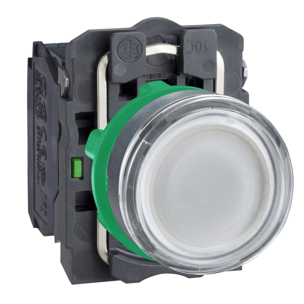 Mayer-DDS-Illuminated push button, Harmony XB5, white flush, plastic, 22mm, spring return, 1NO + 1NC, 250V-1