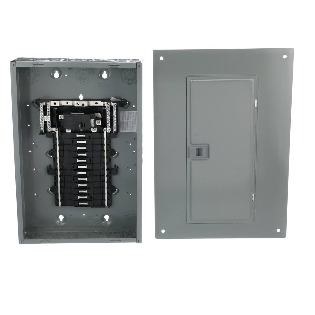 Mayer-DDS-Load center, QO, 1 phase, 24 spaces, 34 circuits, 100A convertible main breaker, PoN, NEMA1, combo cover, value pack-2