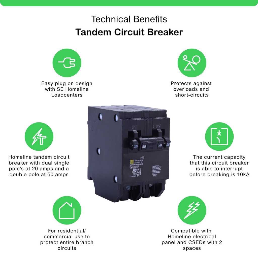 Mayer-DDS-Tandem circuit breaker, Homeline, 2 x 1 pole at 15A, 1 x 2 pole at 50A, 120/240VAC, 10kA AIR, plug in, UL-2