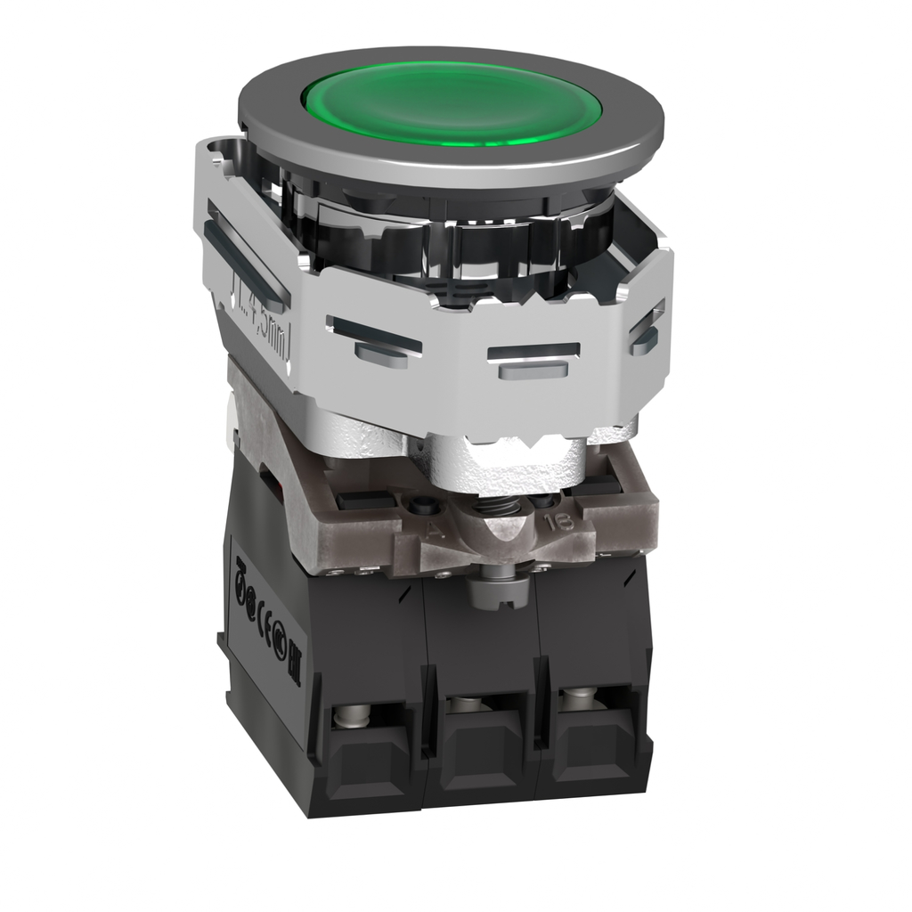 Mayer-DDS-Illuminated push button, Harmony XB4, metal, green flush mounted, 30mm, universal LED, plain lens, 1NO + 1NC, 24V AC DC-2