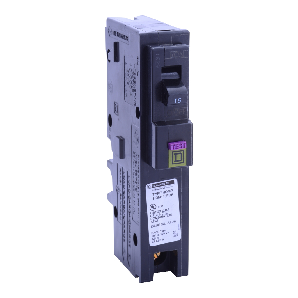 Mayer-DDS-Mini circuit breaker, Homeline, 15A, 1 pole, 120VAC, 10kA AIR, combo ARC/ground fault, plug on neutral, plug in, UL [TAA]-2