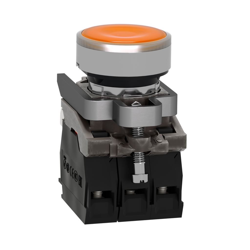 Mayer-DDS-Illuminated push button, Harmony XB4, metal, orange flush, 22mm, universal LED, plain lens, 1NO + 1NC, 24V AC DC-2