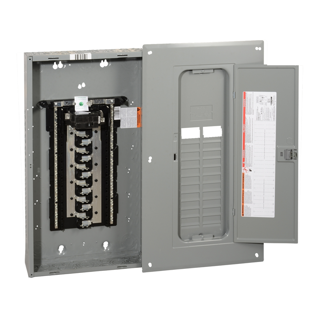 Mayer-DDS-Load center, Homeline, 1 phase, 24 spaces, 48 circuits, 100A convertible main breaker, PoN, NEMA1, combo cover-2