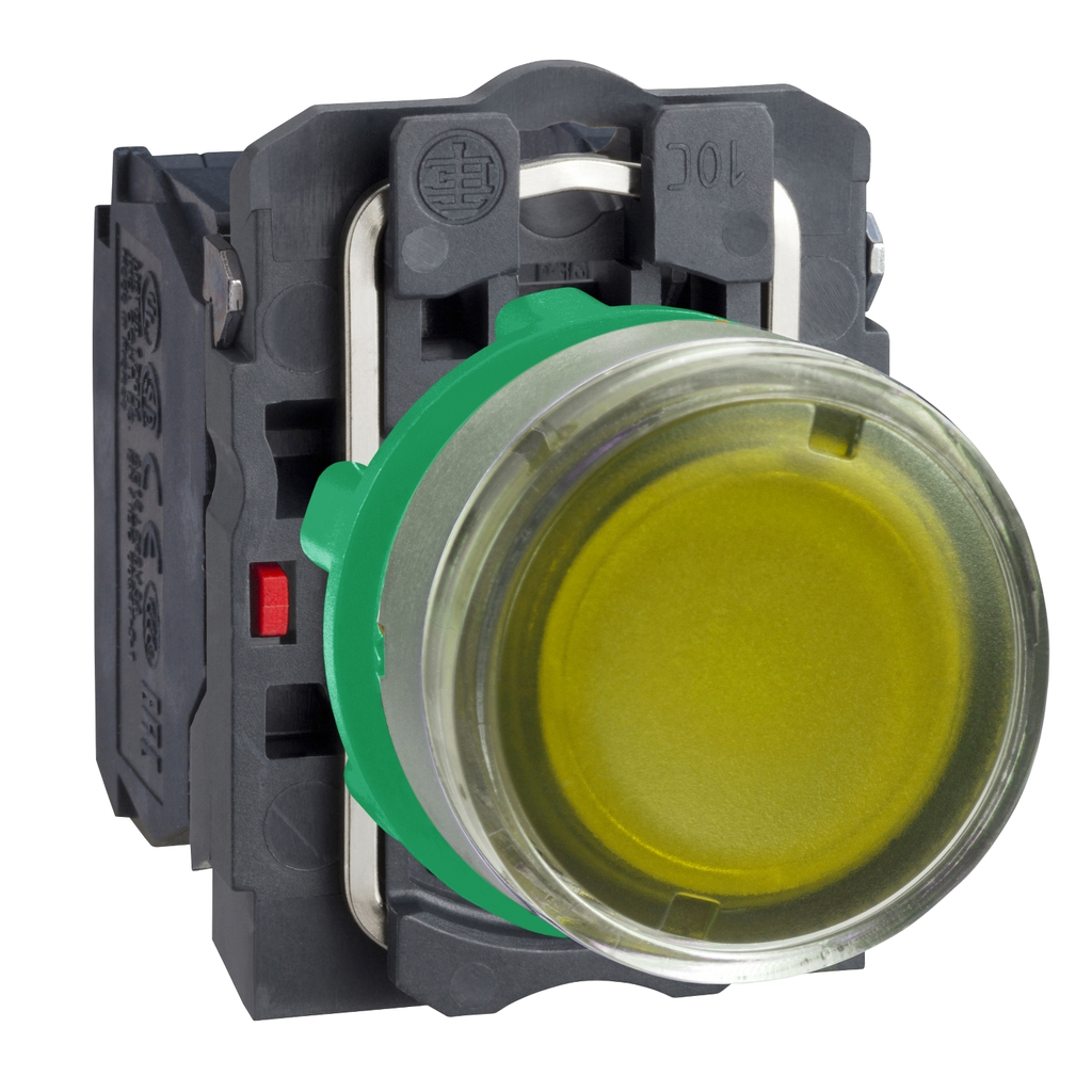 Mayer-DDS-Illuminated push button, Harmony XB5, grey bezel, orange flush, 22mm, universal LED, plain lens, 1NO + 1NC, 230V-2