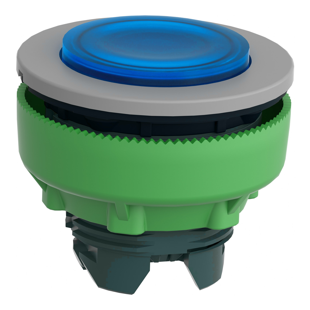 Mayer-DDS-Head for illuminated push button, Harmony XB5, grey bezel, blue projecting, 30mm, universal LED, push-push, unmarked-2