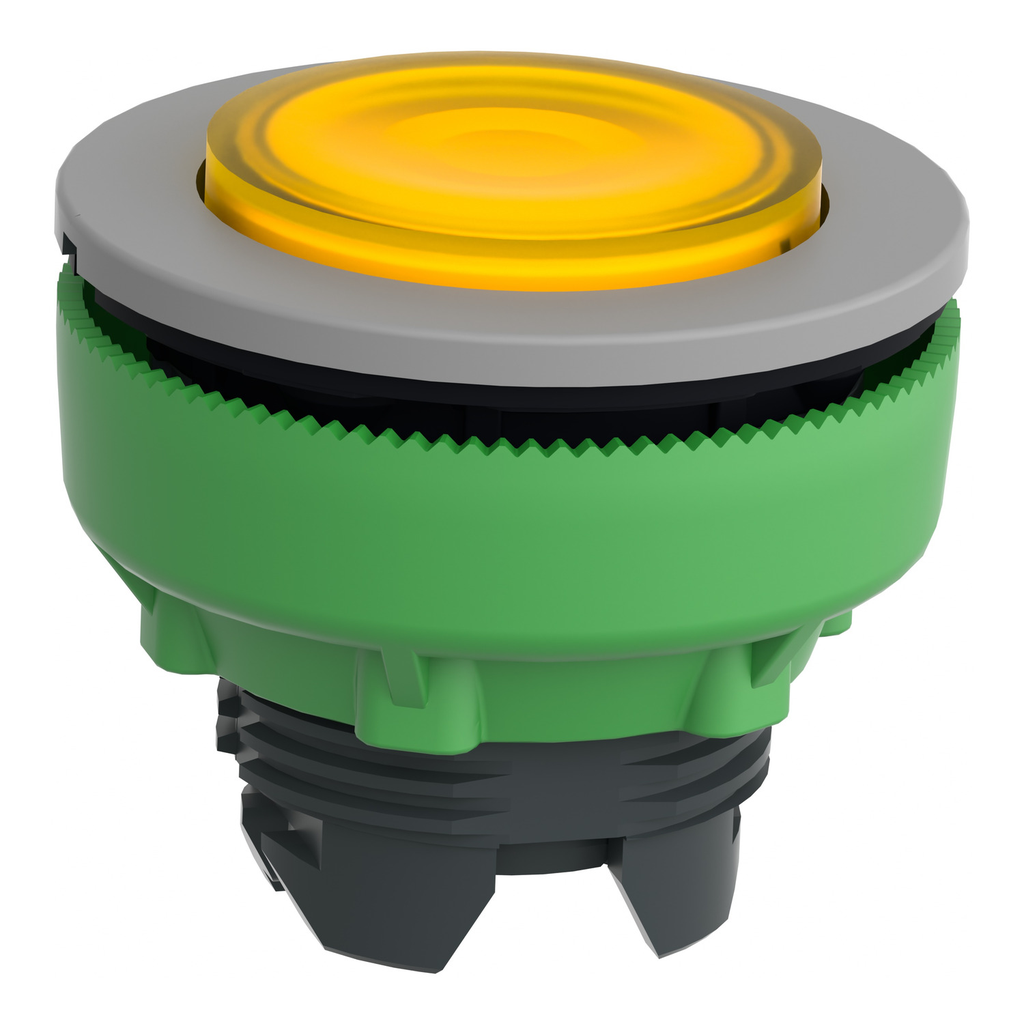 Mayer-DDS-Head for illuminated push button, Harmony XB5, grey bezel, yellow projecting, 30mm, universal LED, spring return, unmarked-2