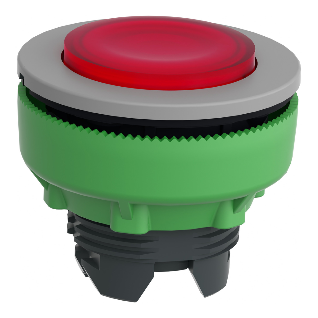 Mayer-DDS-Head for illuminated push button, Harmony XB5, grey bezel, red projecting, 30mm, universal LED, spring return, unmarked-2