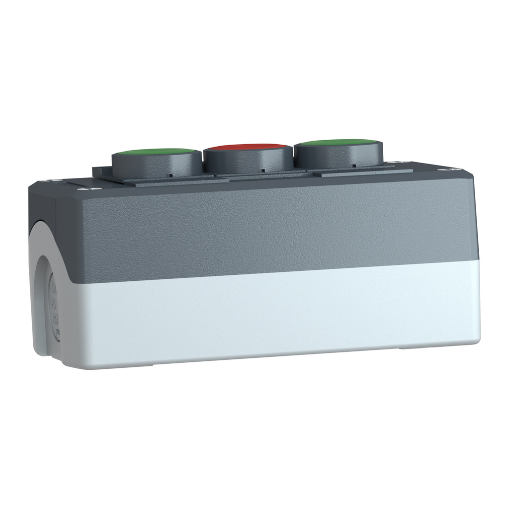 Mayer-DDS-Control station, Harmony, plastic, dark grey, 3 flush push buttons, green NO, red NC, green NO, 22mm, spring return, legend holder, UL CSA certified-2