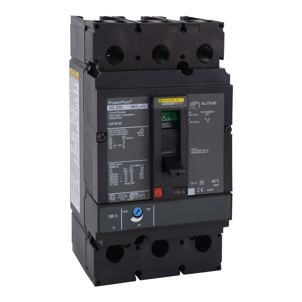 Mayer-DDS-Circuit breaker, PowerPacT J, 250A, 3 pole, 600VAC, 18kA, lugs, thermal magnetic, 80%-1