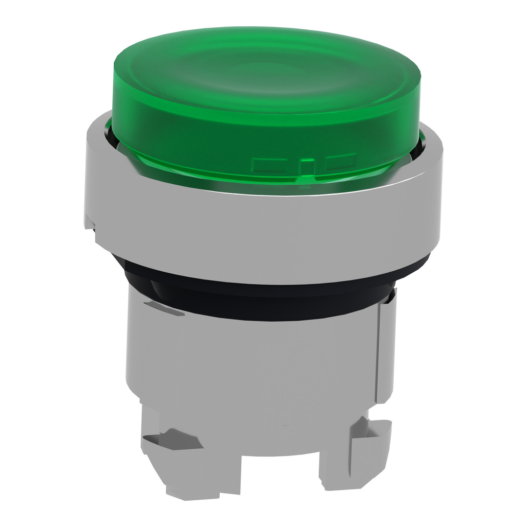 Mayer-DDS-Head for illuminated push button, Harmony XB4, metal, green projecting, 22mm, universal LED, spring return, plain lens-2