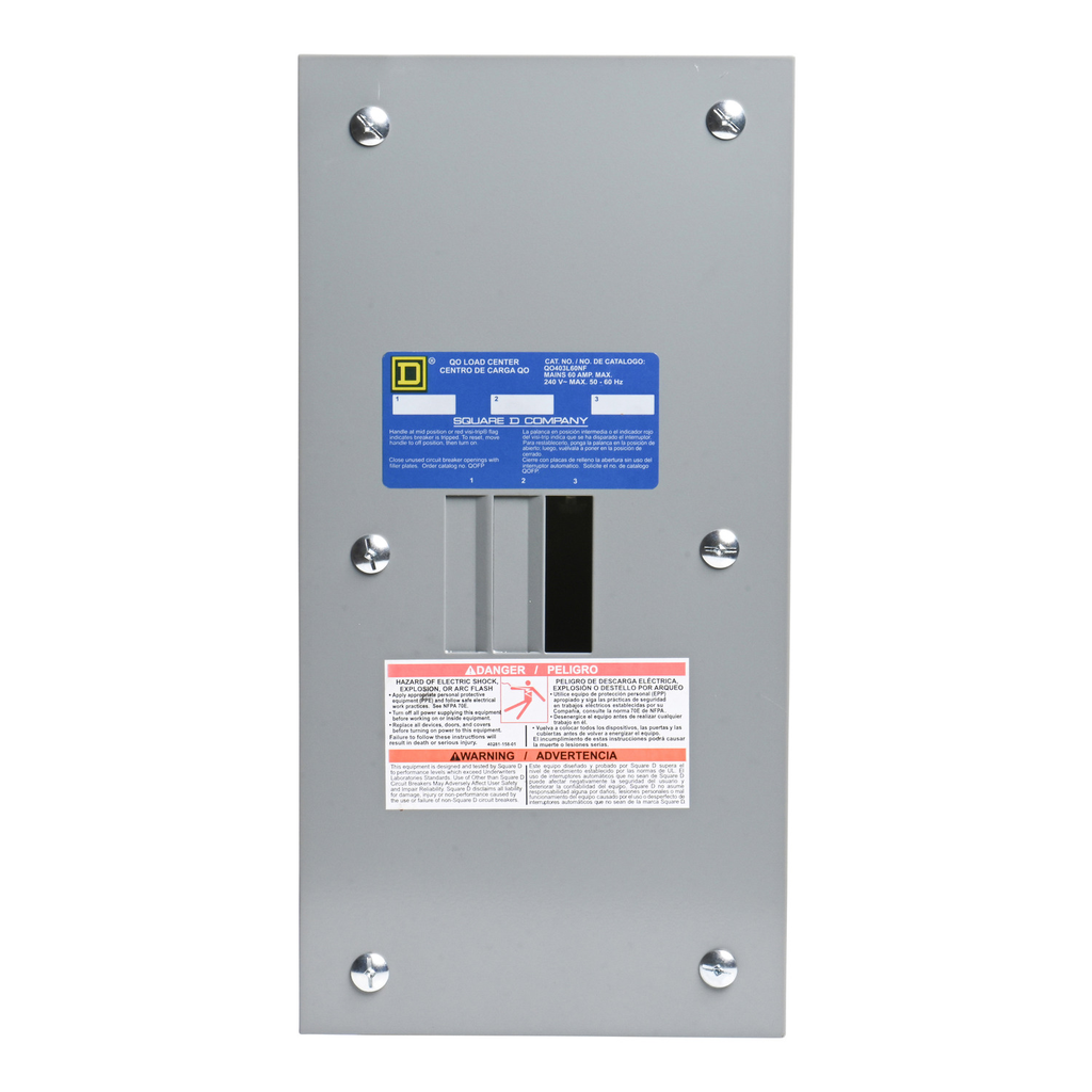 Mayer-DDS-Load center, QO, 3 phase, 3 spaces, 3 circuits, 60A main lugs, NEMA1, neutral gnd bar, flush cover-2