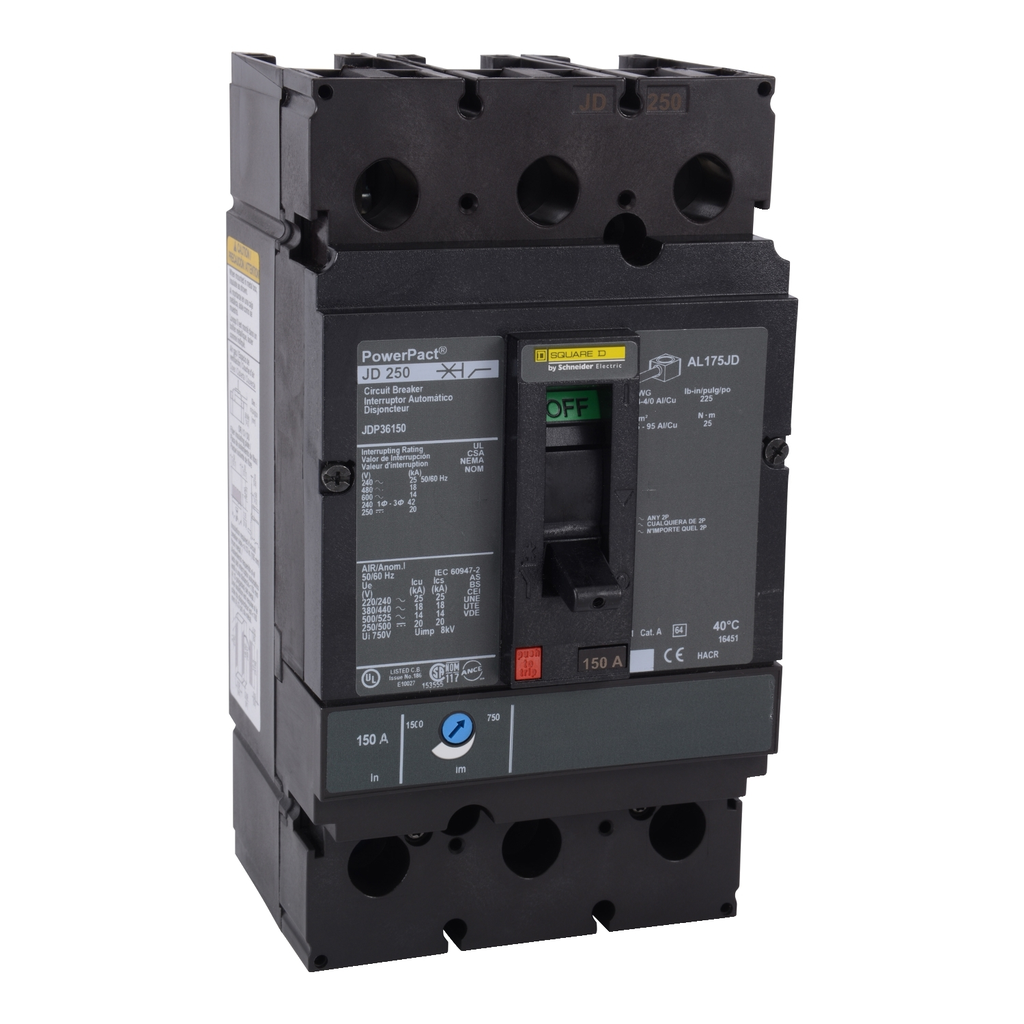 Mayer-DDS-Circuit breaker, PowerPacT J, 225A, 3 pole, 600VAC, 14kA, lugs, thermal magnetic, 80%-1