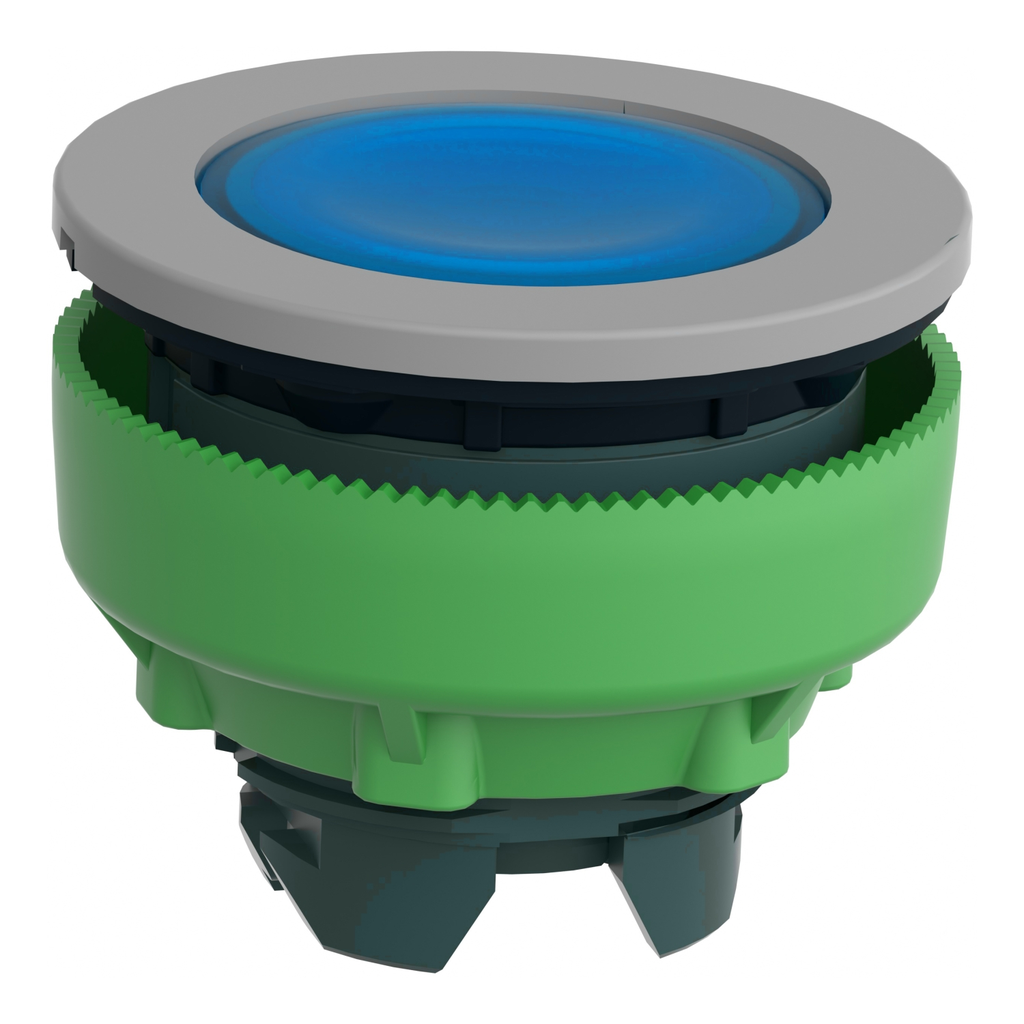 Mayer-DDS-Head for illuminated push button, Harmony XB5, grey bezel, blue flush mounted, 30mm, universal LED, push-push, unmarked-2