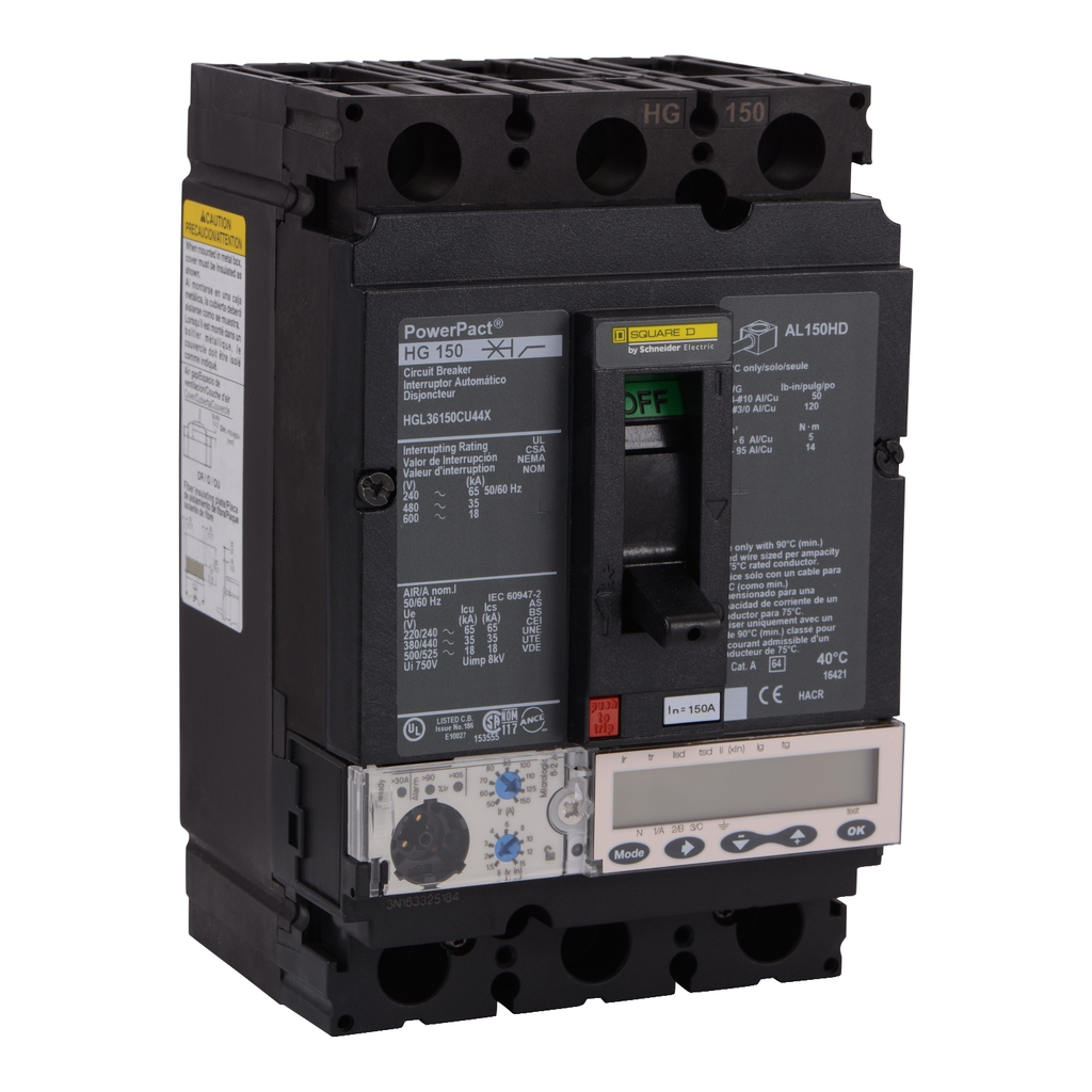 Mayer-DDS-Circuit breaker, PowerPacT H, 150A, 3 pole, 600VAC, 18kA, lugs, Micrologic 6.2A, 100%-1