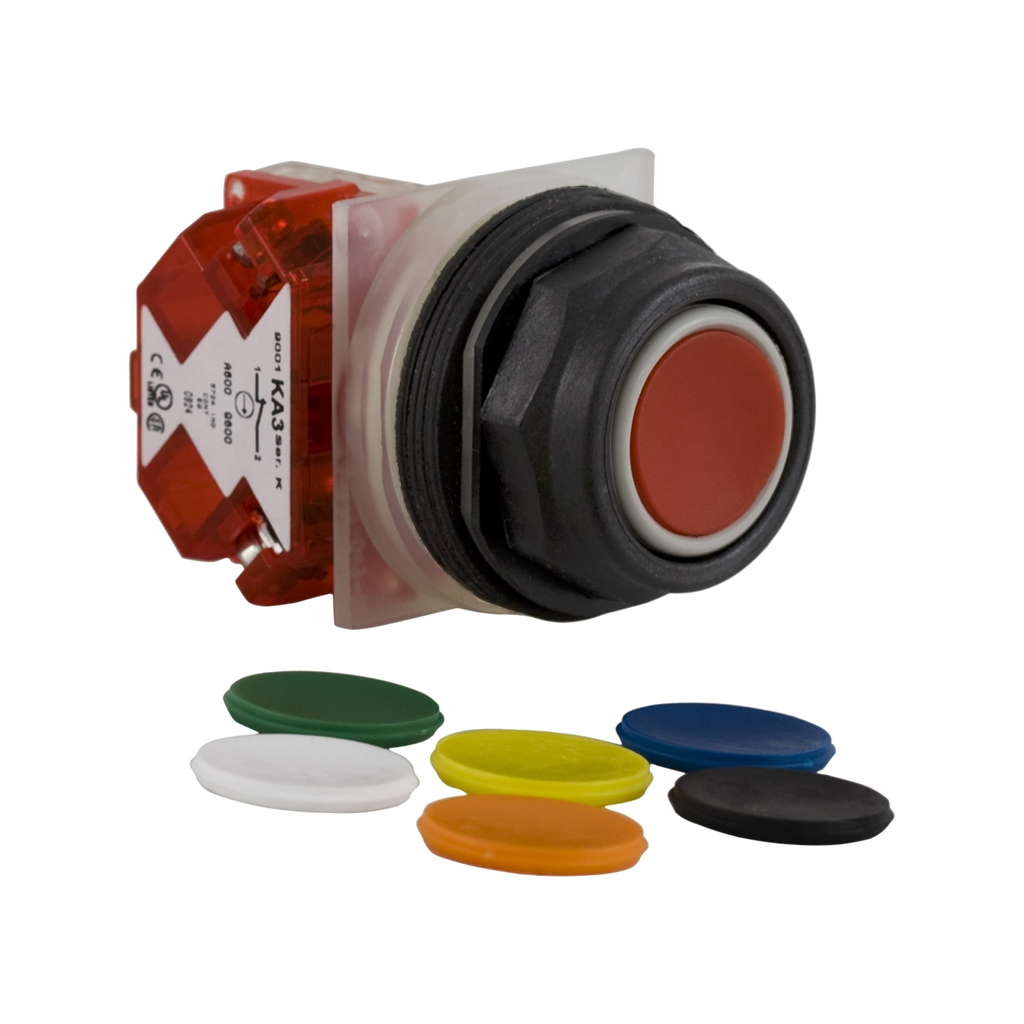 Mayer-DDS-Push-button, Harmony 9001SK, plastic, flush, 7 colours choice, 30mm, spring return, 1 NC-1