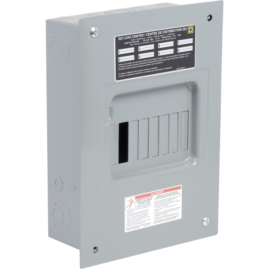 Mayer-DDS-Load center, QO, 1 phase, 8 spaces, 8 circuits, 100A convertible main lugs, NEMA1, flush surface-1
