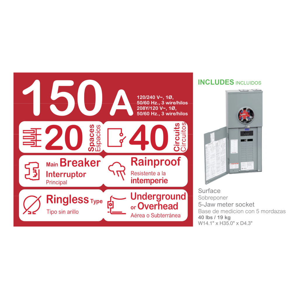 Mayer-DDS-All in one, Homeline, CSED, ringless socket, 150A, surface mount, 20 spaces, 40 circuits, 22kA SCCR, horn bypass-2