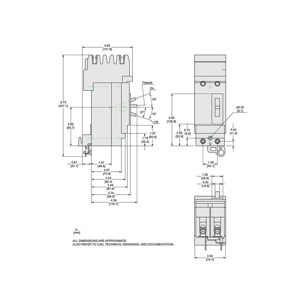 Mayer-DDS-Circuit breaker, PowerPacT H, 100A, 2 pole, 600VAC, 14kA, I-Line, thermal magnetic, 80%, AC-2