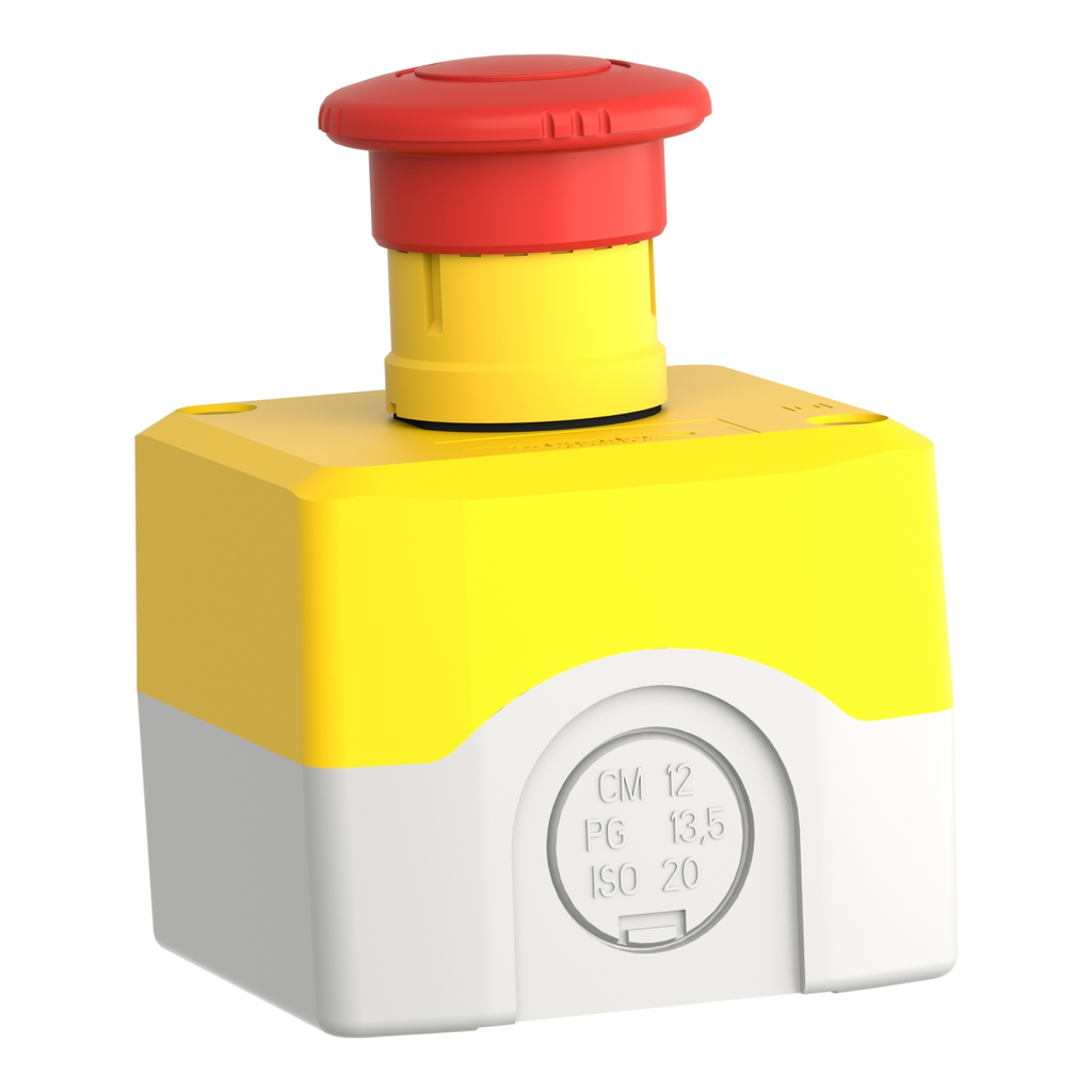 Mayer-DDS-Harmony, yellow control station, red mushroom head push button, 40 mm turn to release, 1 NC-2