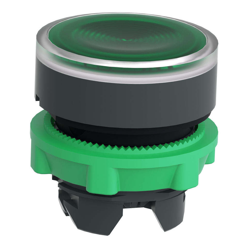 Mayer-DDS-Head for illuminated push button, Harmony XB5, plastic, green flush, 22mm, universal LED, spring return, grooved lens-2