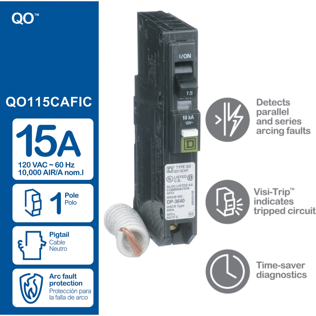 Mayer-DDS-Mini circuit breaker, QO, 15A, 1 pole, 120VAC, 10kA, plug in, combo ARC fault, pigtail [TAA]-2