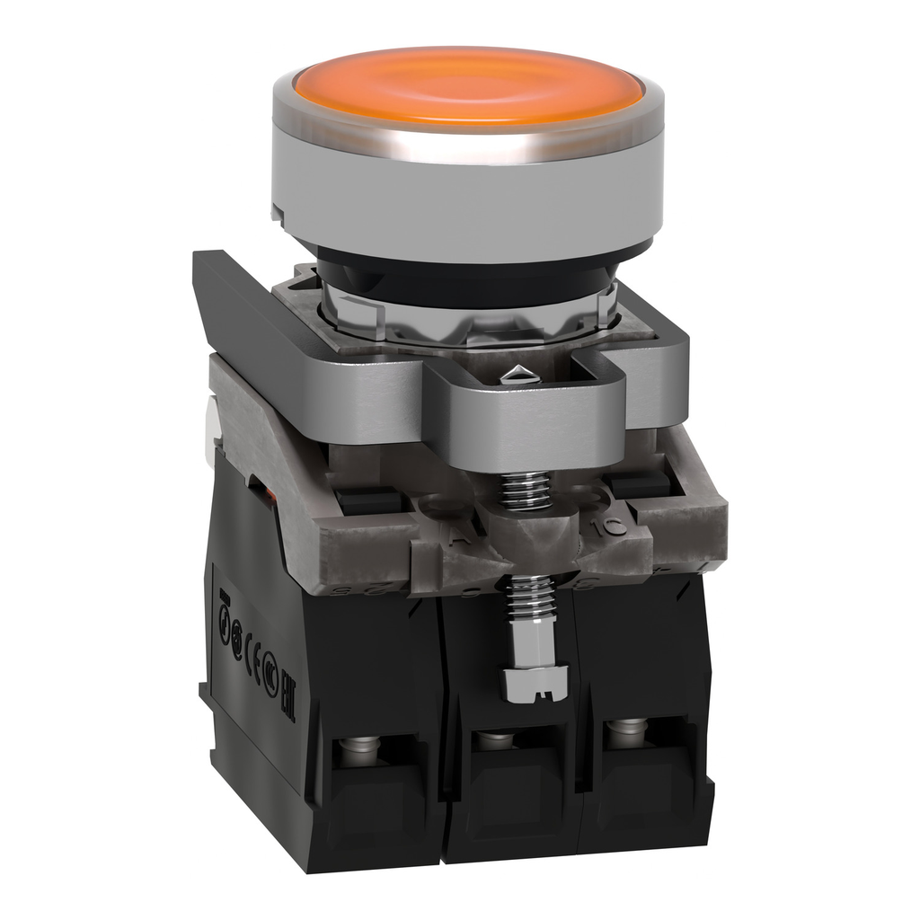 Mayer-DDS-Illuminated push button, Harmony XB4, metal, orange flush, 22mm, universal LED, plain lens, 1NO + 1NC, 110...120V AC-2