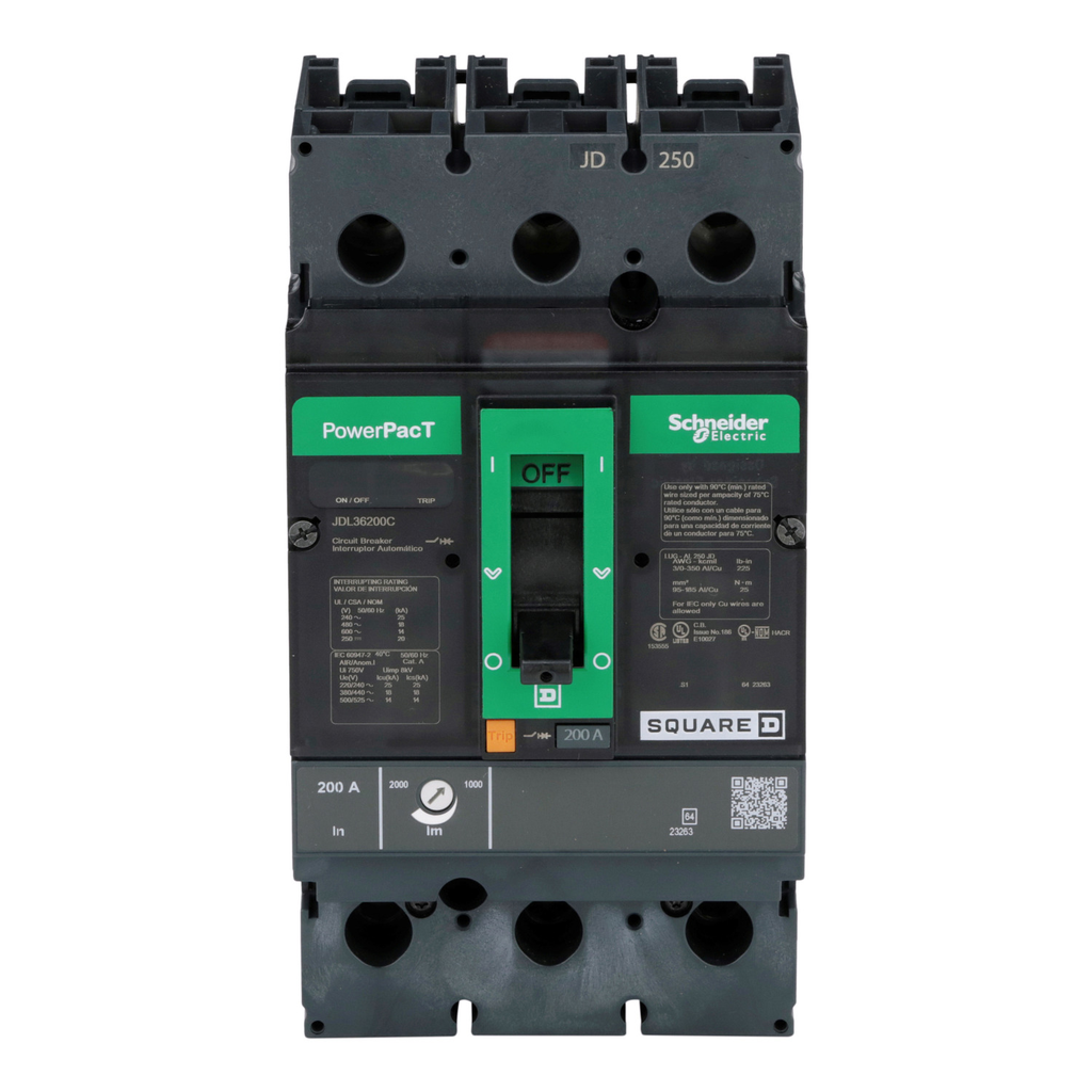 Mayer-DDS-Circuit breaker, PowerPacT J, 200A, 3 pole, 600VAC, 14kA, lugs, thermal magnetic, 100%-2