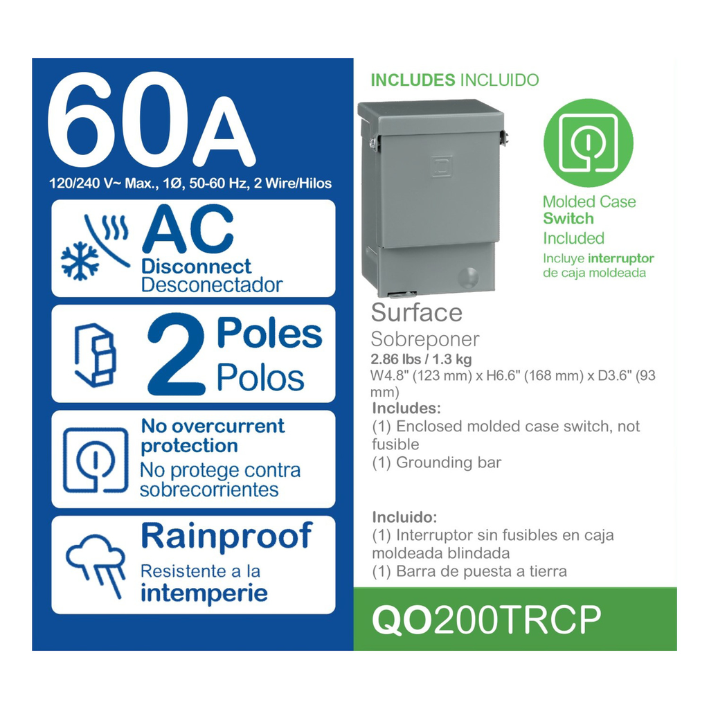 Mayer-DDS-Enclosed molded case switch, QO, 60A, 2 pole, 240VAC, 22kA, air conditioning, NEMA 3R, consumer pack-2