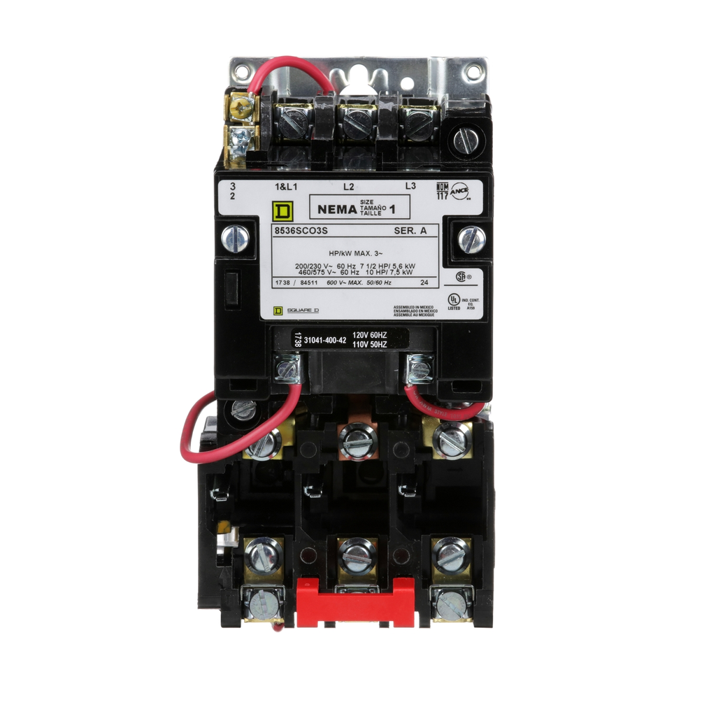 Mayer-DDS-NEMA motor starter, Type S, nonreversing, Size 1, 27A, 10HP at 460VAC, 5kA SCCR, 3 phase, 3 pole, melting alloy, 120VAC coil, open [TAA]-2